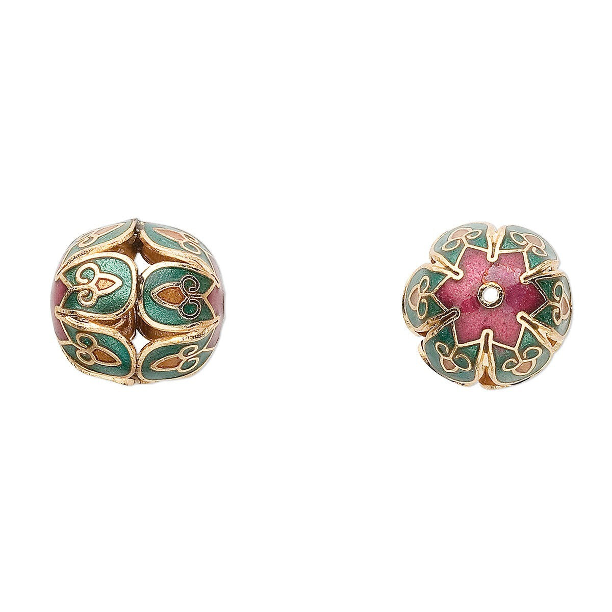 Red & Green Cloisonné Cut Out Round Beads 16mm, 4 pcs
