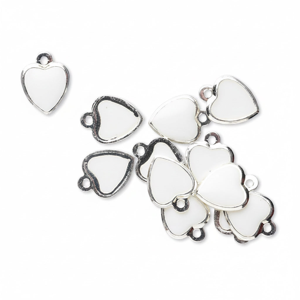 Silver Plated White Enamel Heart Charms, 9x7mm, 12 pcs