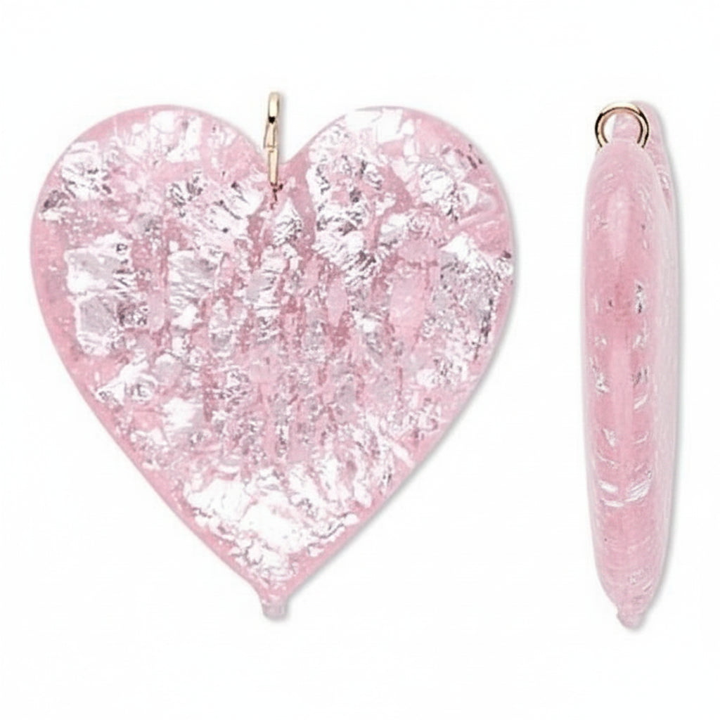 Lampwork Glass Heart Focal Pendant, Pink with Silver Foil, 30mm