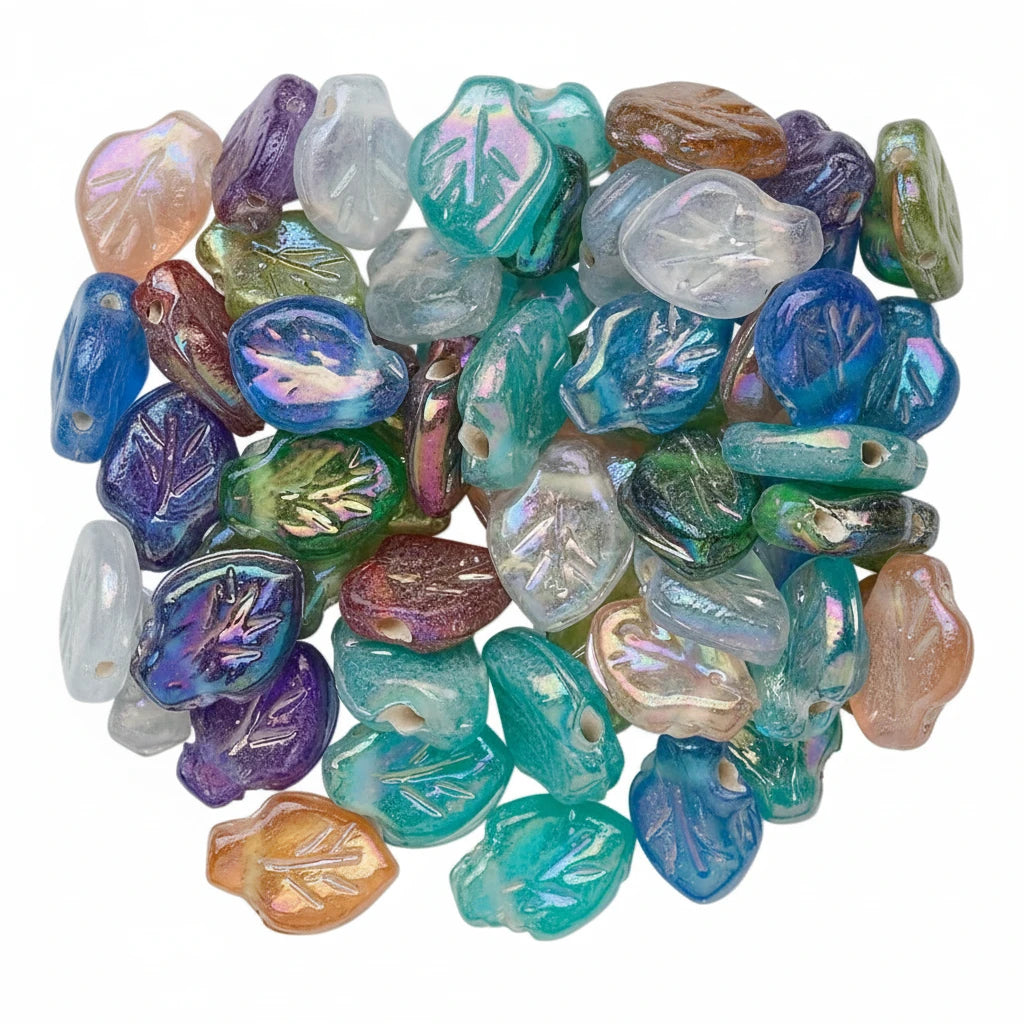 Luster Pressed Glass Leaf Beads, 12x9mm, Assorted Colors - 100 pcs