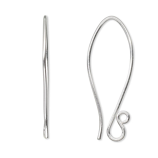Sterling Silver Folded Fishhook Ear Wires 35mm 19 Gauge with Open Loop — 1 Pair