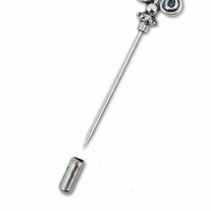 A silver-toned metal tongue scraper with a long straight handle, decorative top, and a separate cylindrical scraper head shown below on a plain white background.