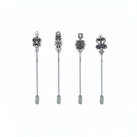 Four silver-toned decorative tie bars with ornate filigree and geometric designs, displayed vertically against a plain white background.