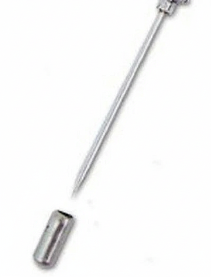 A silver-toned metal tongue scraper with a long straight handle, decorative top, and a separate cylindrical scraper head shown below on a plain white background.