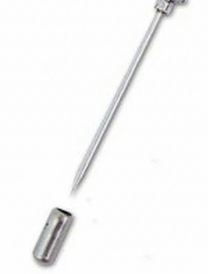 A silver-toned metal tongue scraper with a long straight handle, decorative top, and a separate cylindrical scraper head shown below on a plain white background.