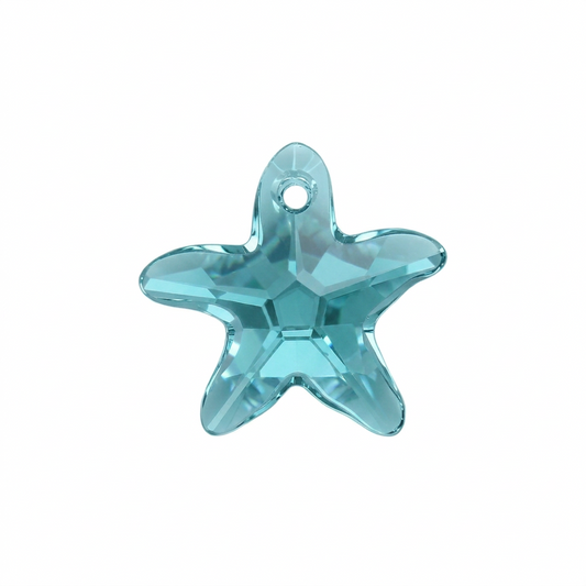 A translucent aqua blue starfish-shaped crystal charm with a hanging hole, shown on a plain white background with decorative sparkle highlights.