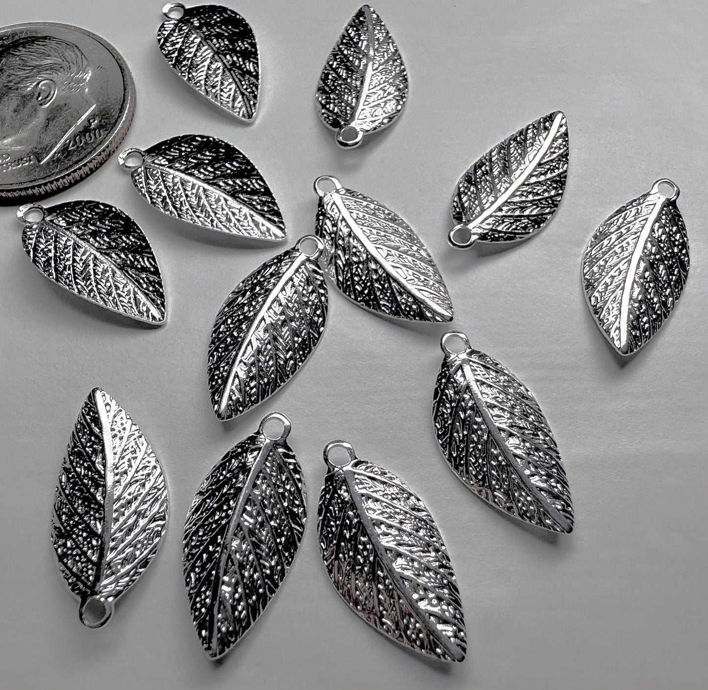 Silver Plated Brass Curved Leaf Pendant Drop Charms 8x15mm — 12 or 144 pcs