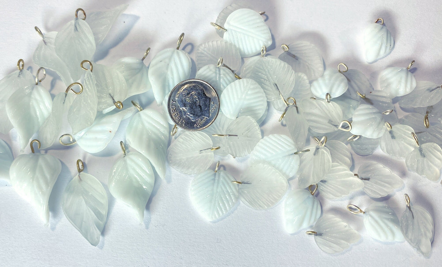 Frosted Clear & Opaque White Pressed Glass Double-Sided Leaf Charms — 54 pcs — Final Stock