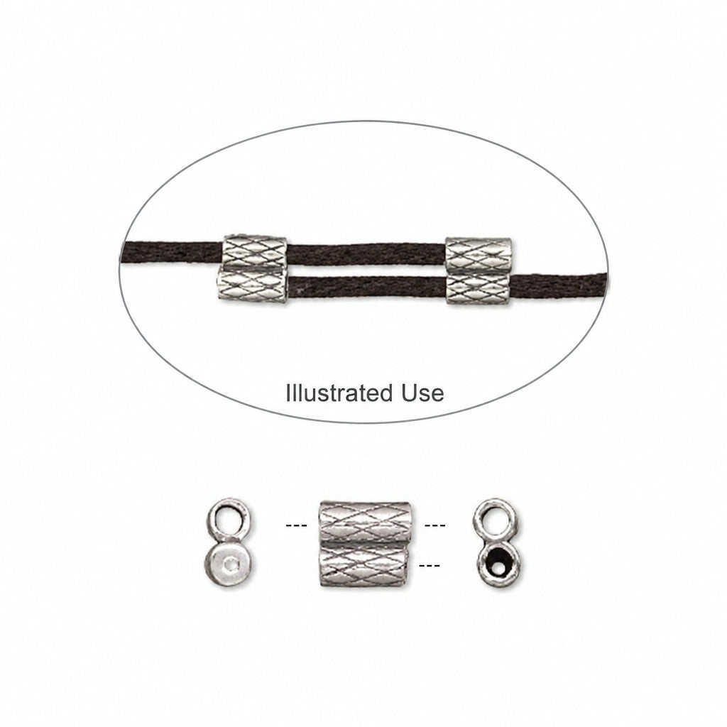 A silver-toned textured  bead shown on a black cord, with an oval labeled 'Illustrated Use' and smaller side views below showing how it fits on both ends.