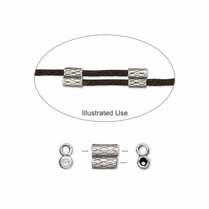 A silver-toned textured  bead shown on a black cord, with an oval labeled 'Illustrated Use' and smaller side views below showing how it fits on both ends.