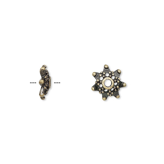 Antiqued Brass Plated Pewter Snowflake Bead Caps, 10x3mm, 24 pcs