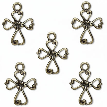 Five antique bronze cross-shaped jewelry charms with loop tops, arranged on a plain white background.