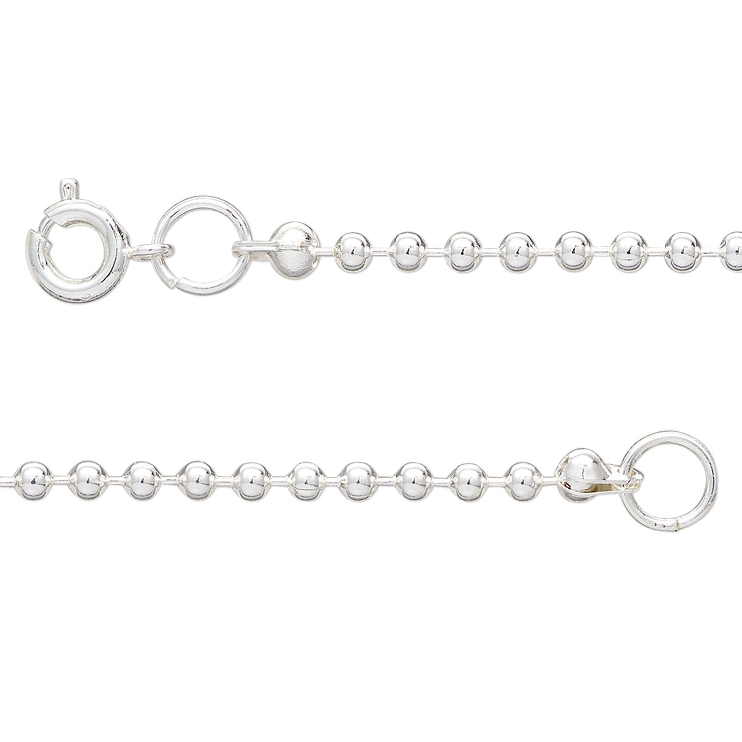 Silver chain with spherical links on a white background