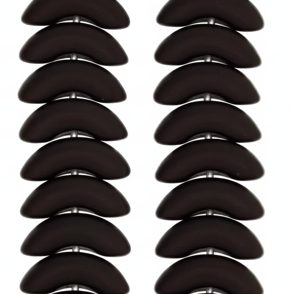 black glass wing beads arranged in two vertical columns of eight on a plain white background.