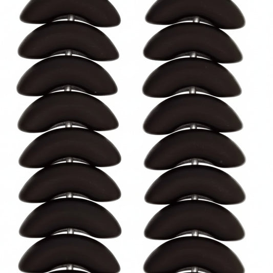 black glass wing beads arranged in two vertical columns of eight on a plain white background.