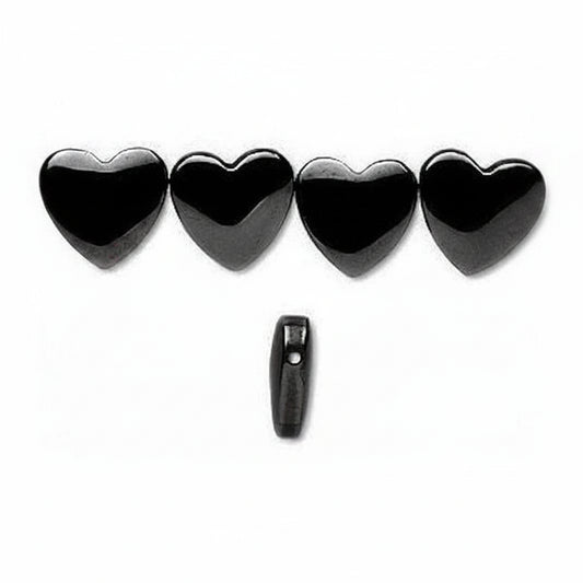 Five glossy black heart-shaped beads aligned in a row, with a single matching heart bead shown below on a plain white background.