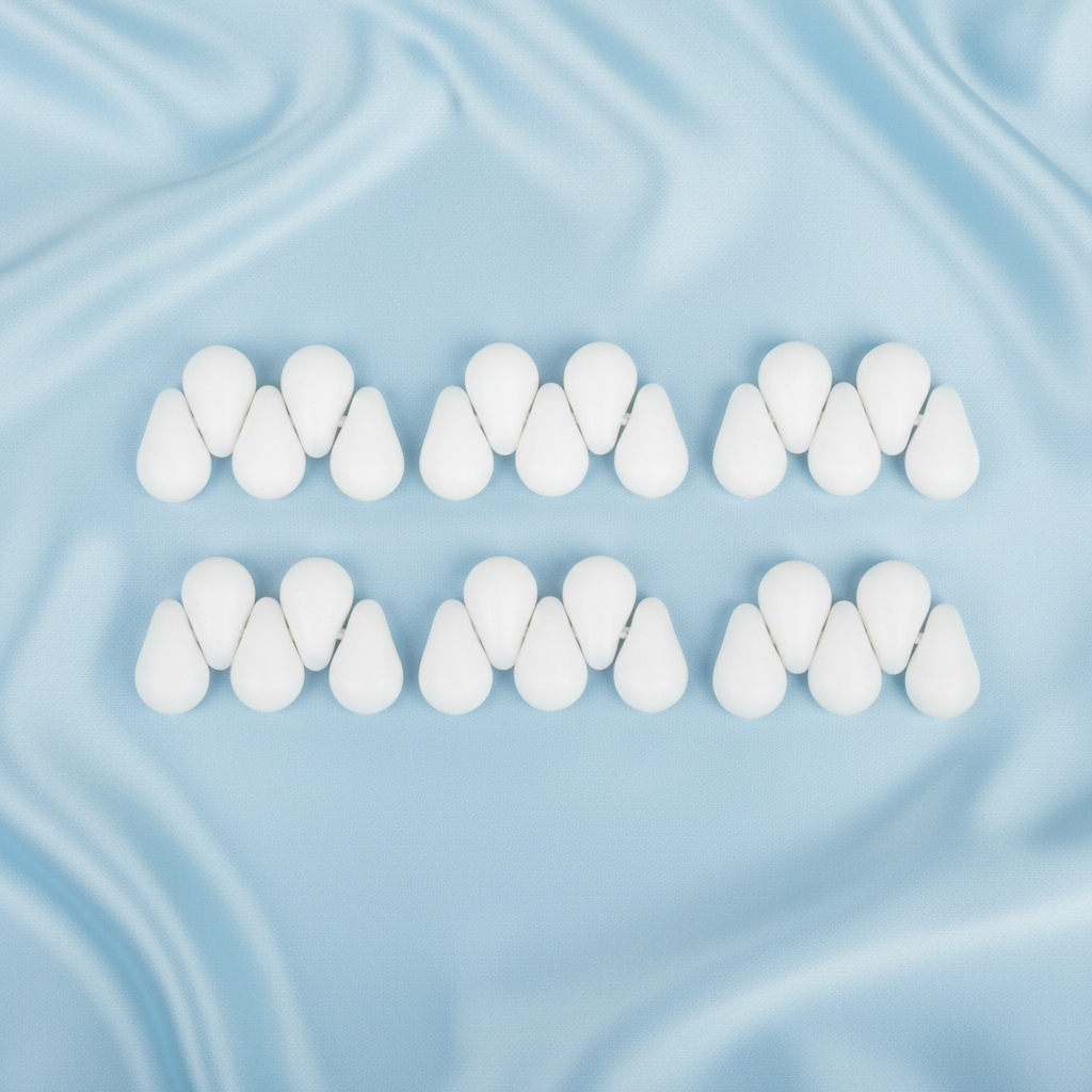 Sixteen white silicone droplet-style hair extension tips arranged in two rows of eight on a light blue satin fabric background.