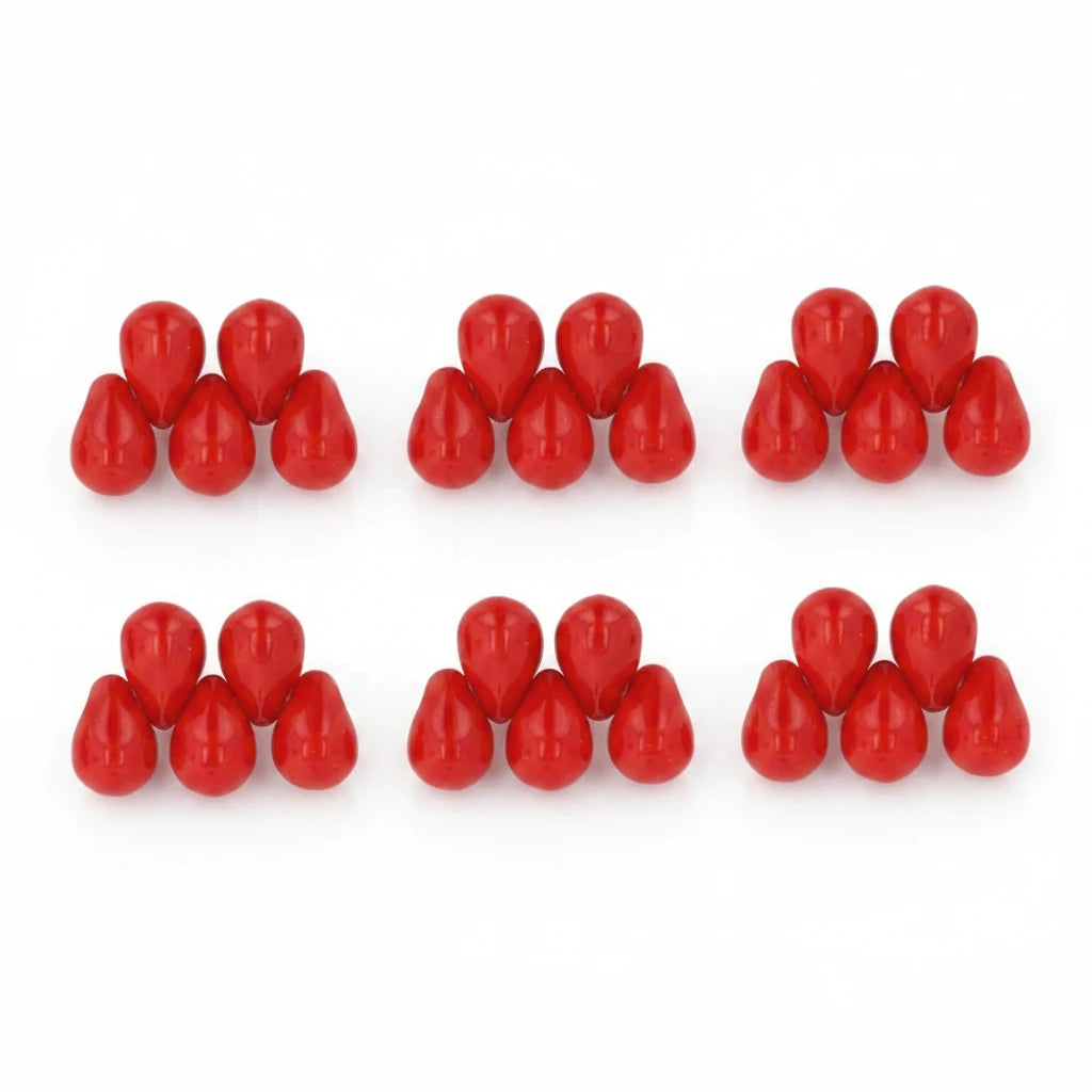 Twelve pairs of glossy red teardrop-shaped beads arranged in four rows of three on a plain white background.