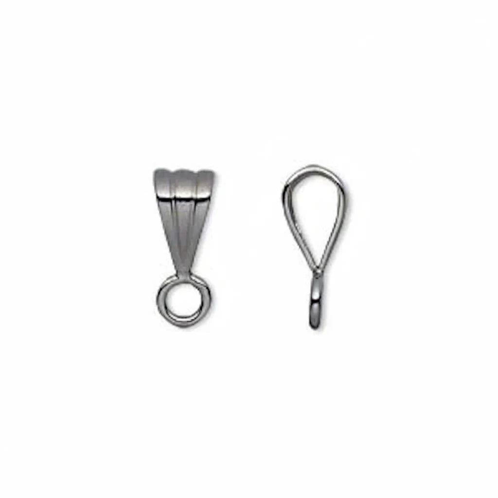 Two silver metal jewelry findings, likely lobster clasp or pendant components, shown side by side on a plain white background.