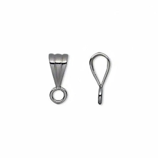 Two silver metal jewelry findings, likely lobster clasp or pendant components, shown side by side on a plain white background.