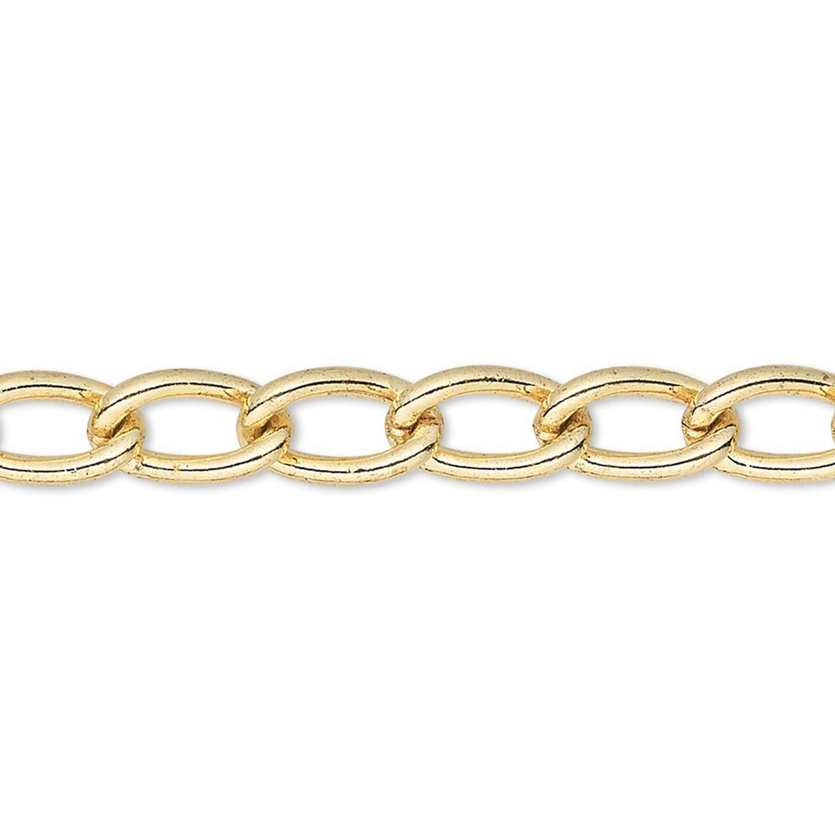 A close-up of a polished yellow gold chain with interlocking oval links on a plain white background.