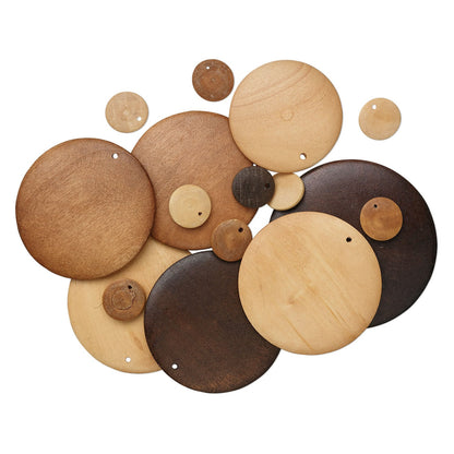 A collection of round wooden discs in various sizes and finishes, including light beige, medium brown, and dark espresso, arranged on a solid white background.