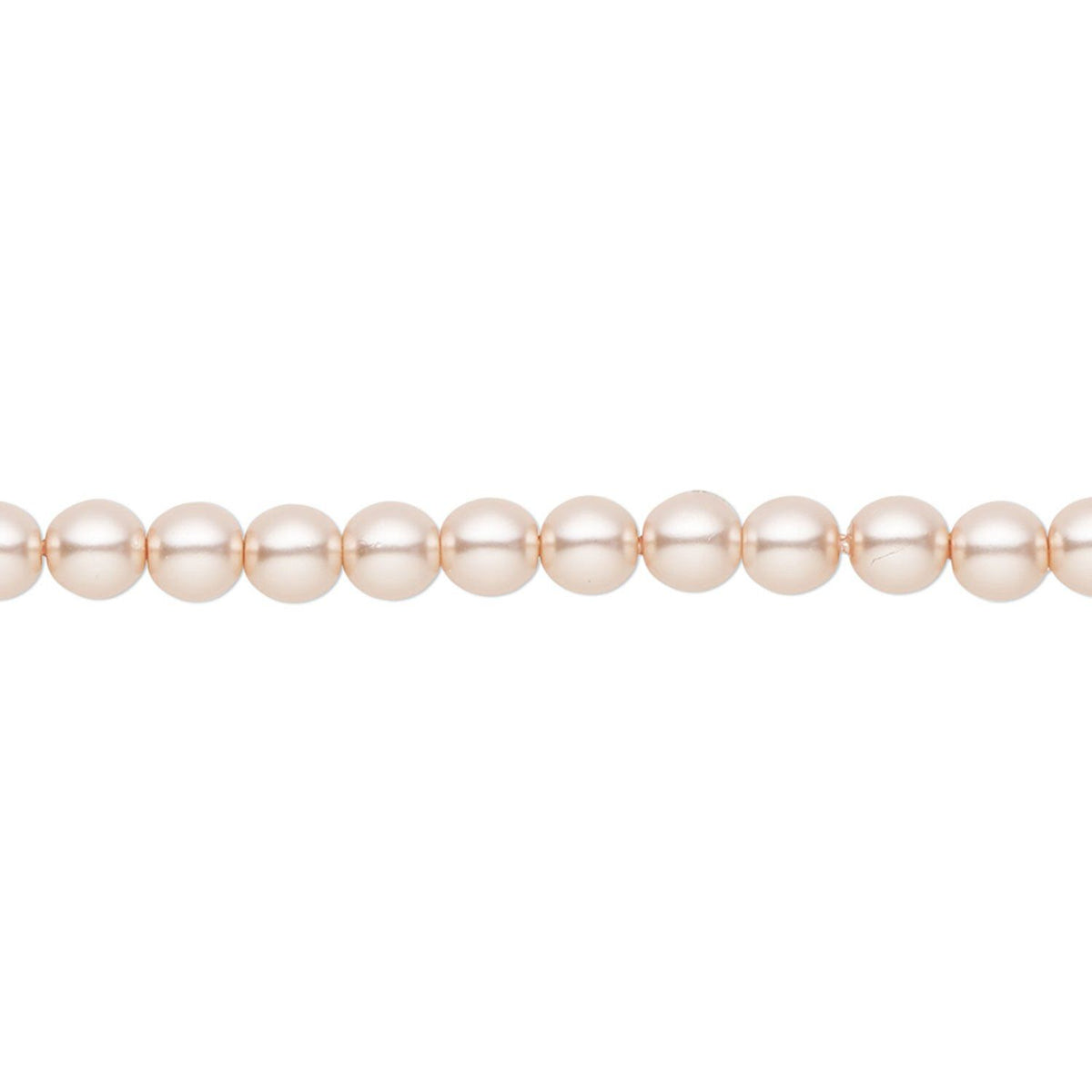 A strand of round, lustrous white pearls aligned horizontally against a solid white background.
