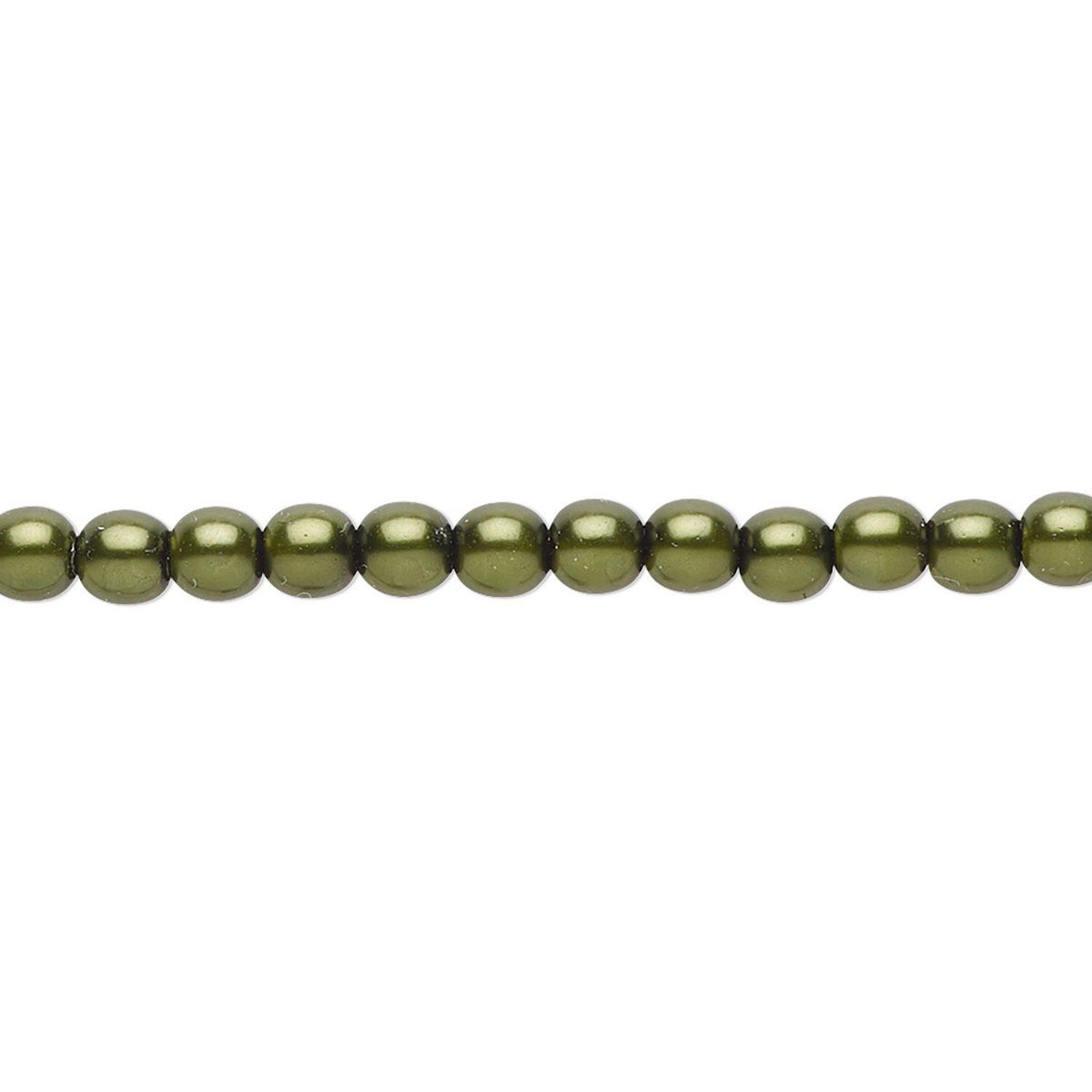 A single strand of dark olive green, glossy, oval-shaped beads laid horizontally against a plain white background.