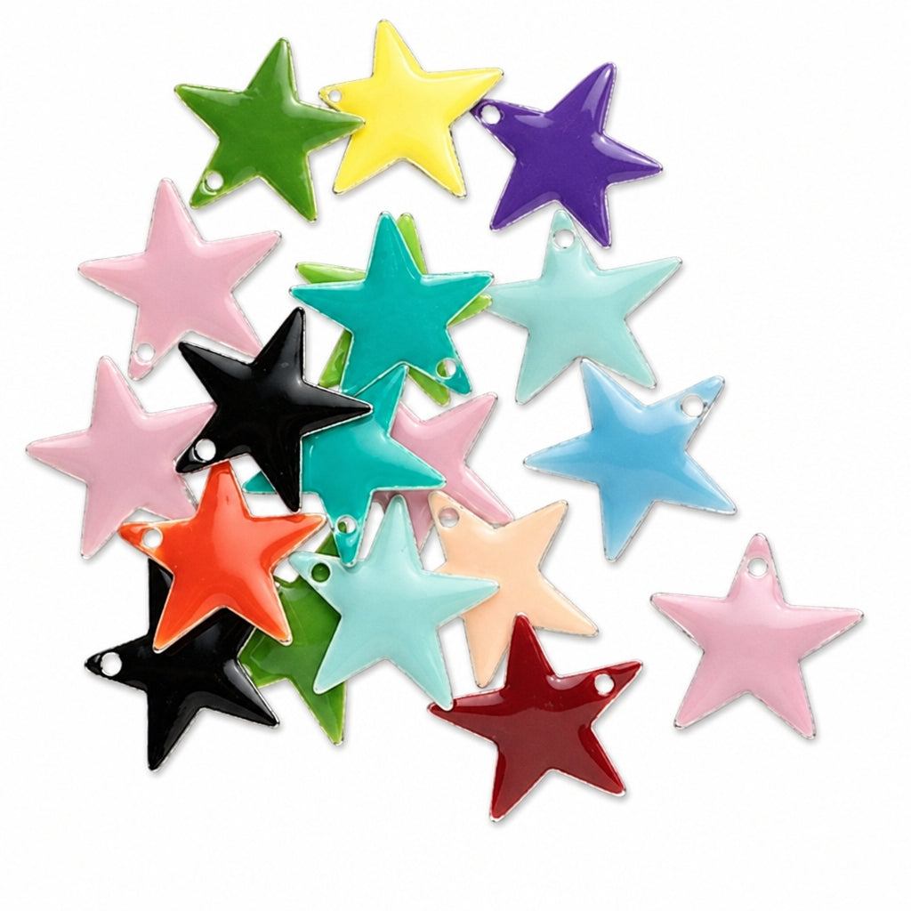 A pile of glossy five-pointed star charms in assorted colors including pink, blue, green, yellow, purple, black, orange, red, and light blue, shown on a plain white background.