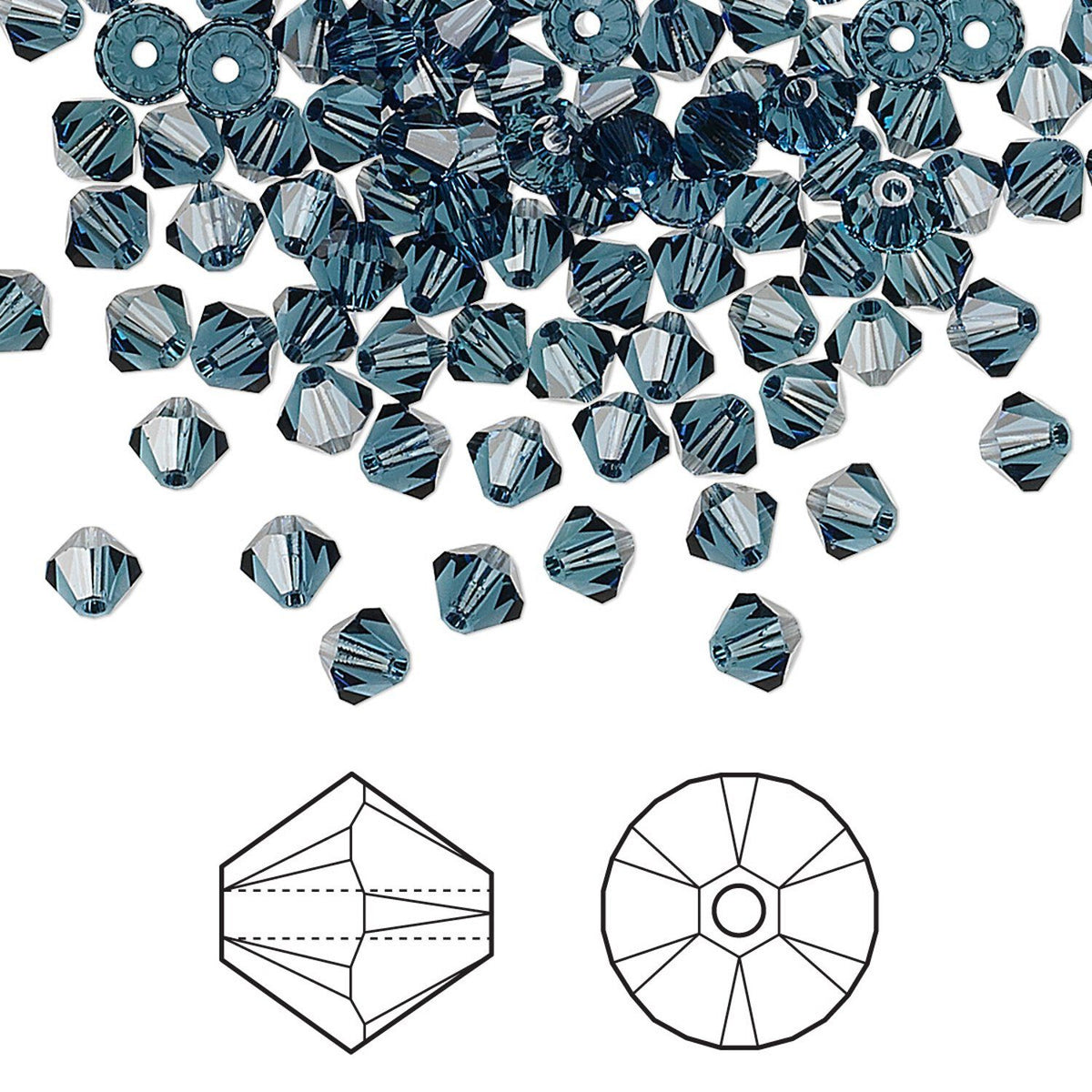 Blue Swarovski  beads scattered on a white background with technical line drawings of the bead's geometric facets below.