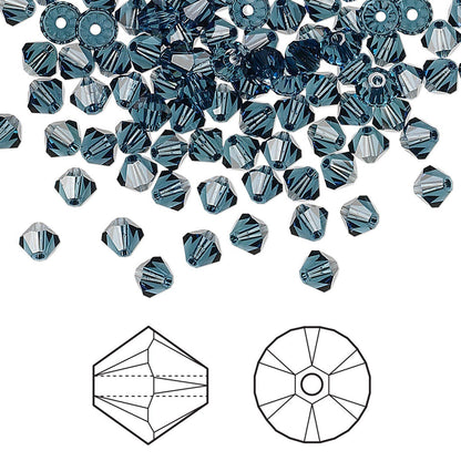 Blue Swarovski  beads scattered on a white background with technical line drawings of the bead's geometric facets below.