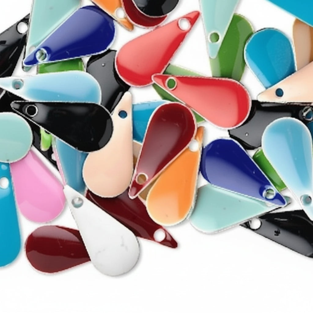 A pile of colorful enamel teardrop pendants with silver-tone metal loops, shown on a plain white background.