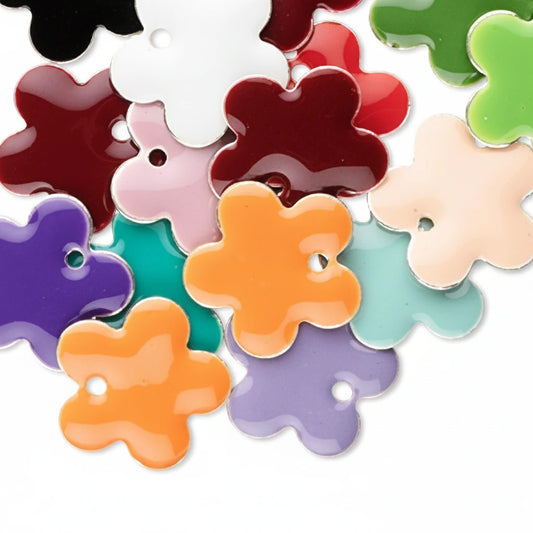 A pile of glossy, flower-shaped craft beads in multiple colors including orange, purple, white, red, green, pink, and teal, arranged on a plain white background.