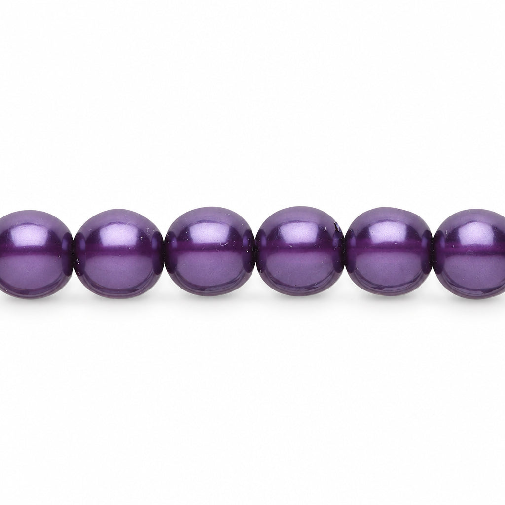 A close-up of a strand of glossy, round-shaped purple beads on a plain white background.