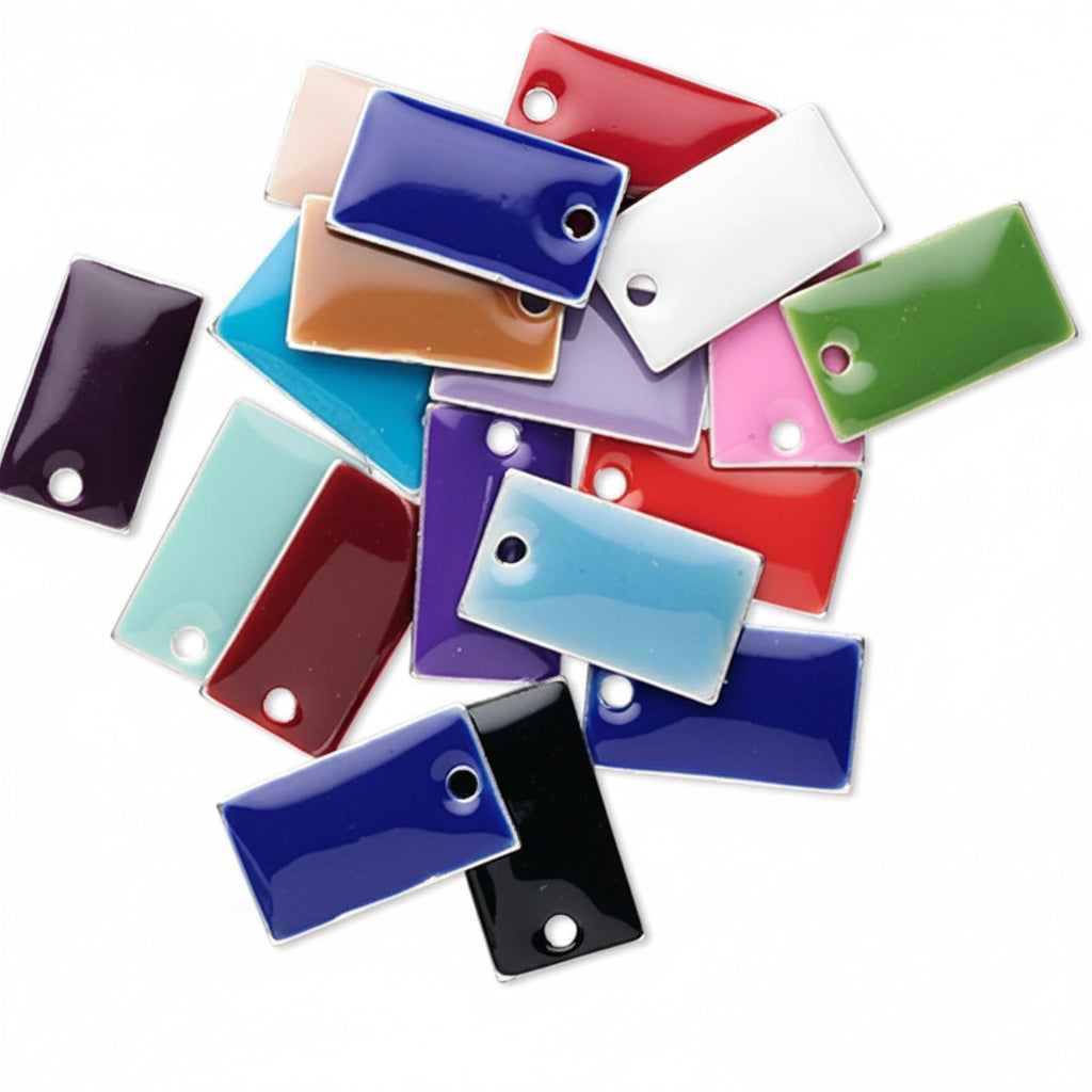 A pile of glossy rectangular acrylic charms with rounded corners and a single hole, shown in multiple colors including blue, purple, green, pink, red, black, white, orange, and turquoise on a white background.
