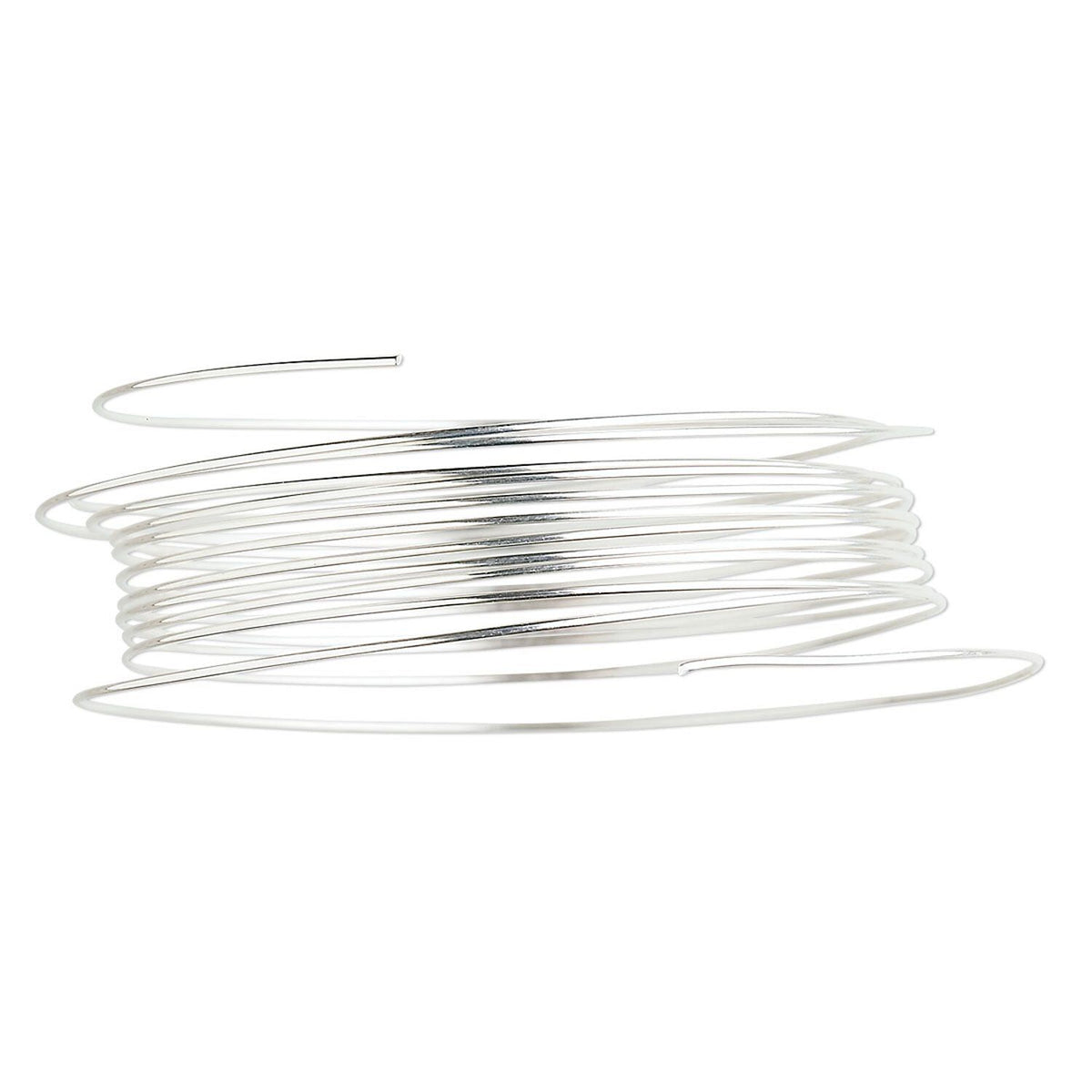 A coil of thin, polished silver-colored metal wire, likely for jewelry making, shown on a solid white background.
