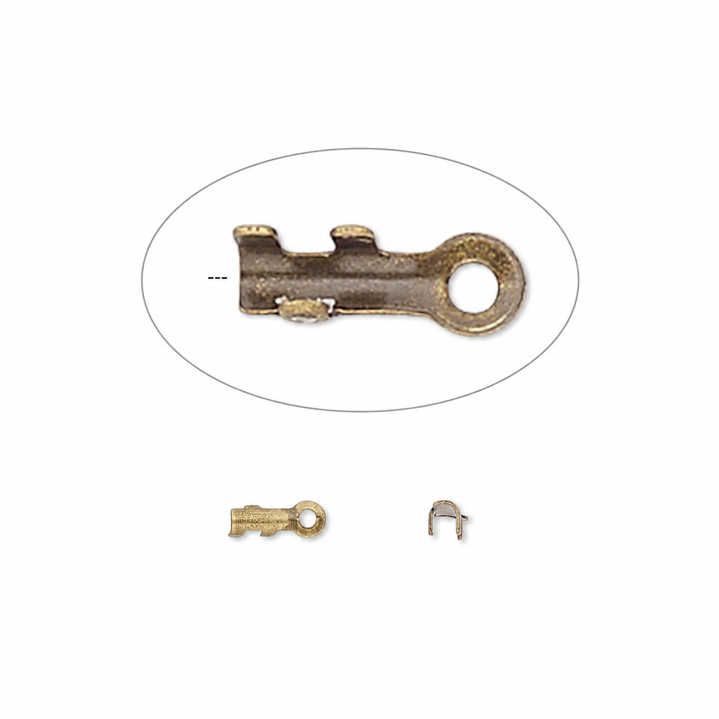 An antique bronze metal key-shaped connector with a loop, shown in a close-up oval inset above a smaller view of the same piece and a matching small clip on a white background.