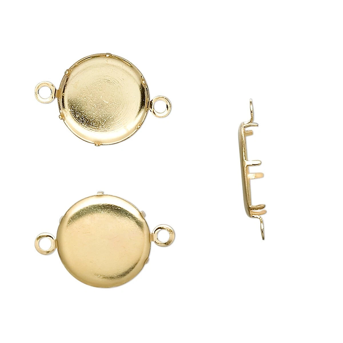 Three views of a gold-toned round bezel cabochon jewelry finding with side loops and a prong back, shown on a plain white background.