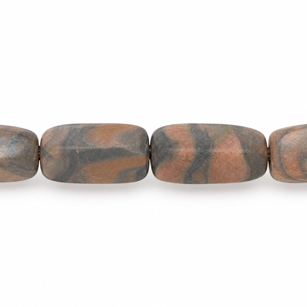 A close-up of a beaded strand featuring elongated, rounded rectangular beads with a natural marbled pattern in earthy brown, black, and tan.
