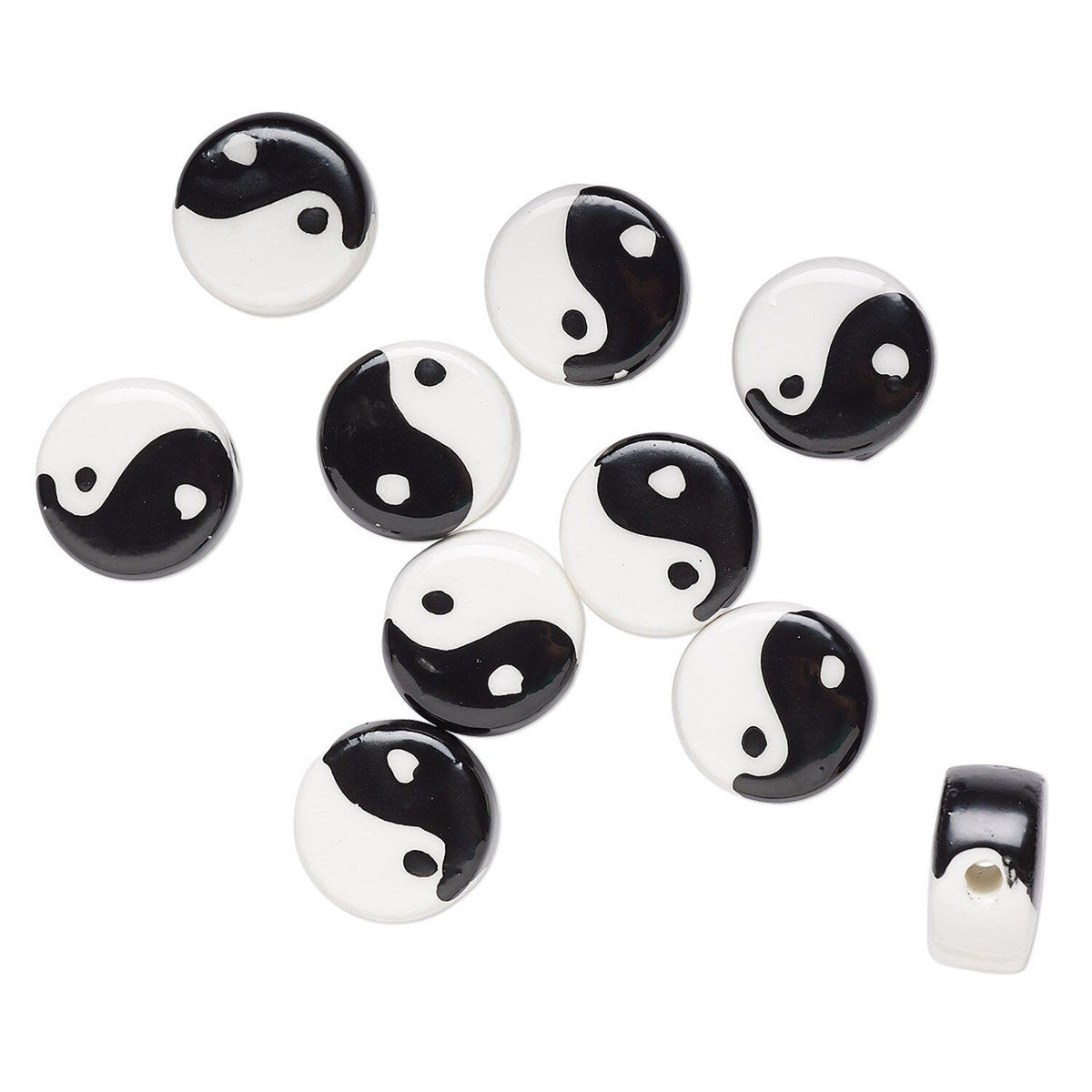 Black & White Porcelain Yin Yang Coin Beads, 15mm - 10 pcs