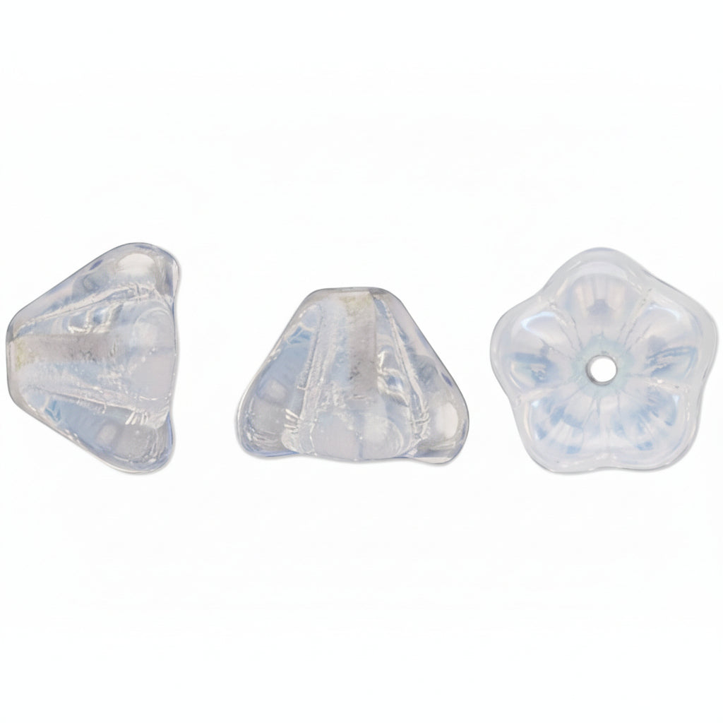 Three small translucent decorative beads or cabochons on a plain white background: one irregular triangle, one small triangle, and one five-petal flower shape with a center hole.