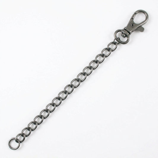 A silver metal chain link strap with a lobster clasp, shown on a white background 