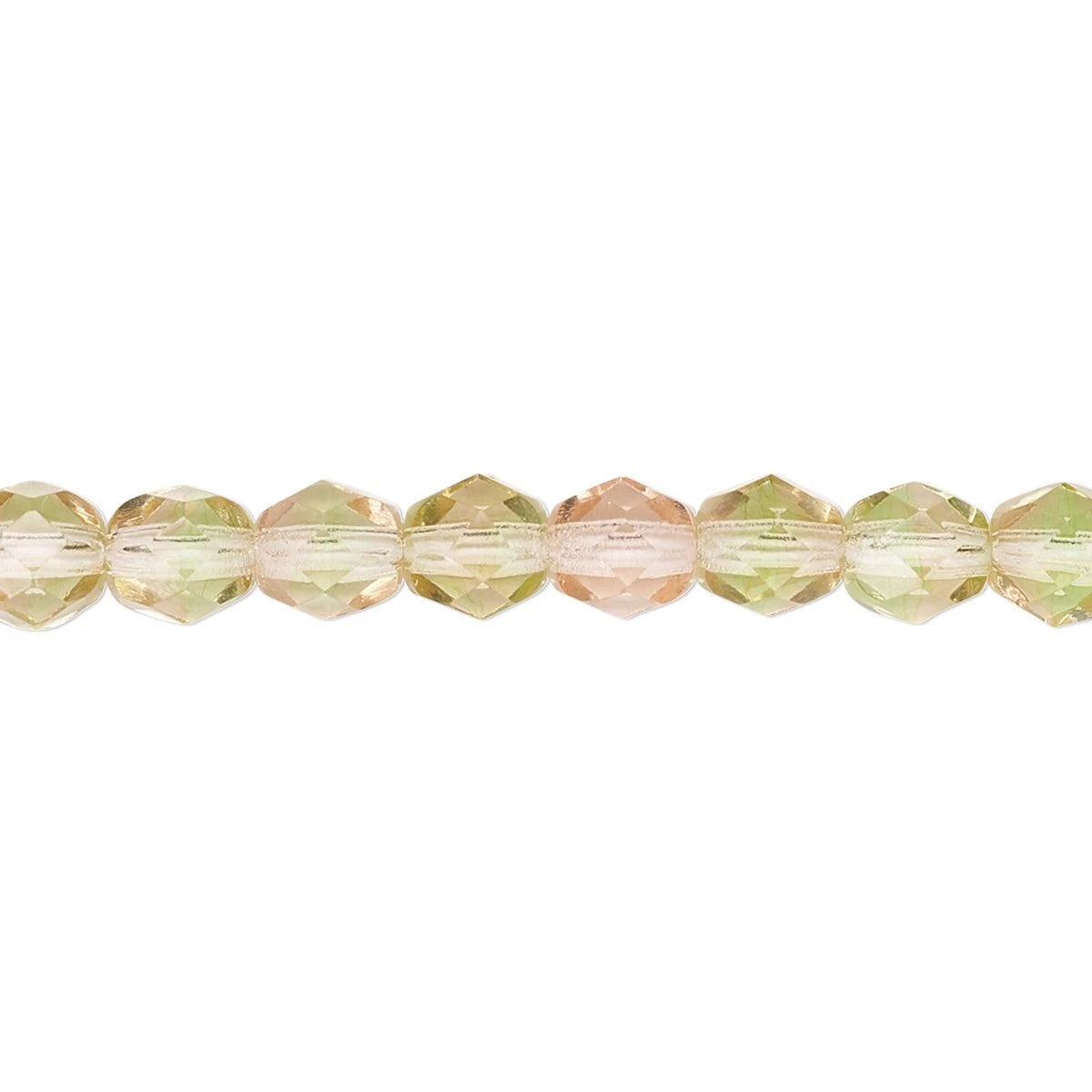 A close-up horizontal strand of faceted round beads in a soft pastel mix of pale green, peach, and cream on a plain white background.