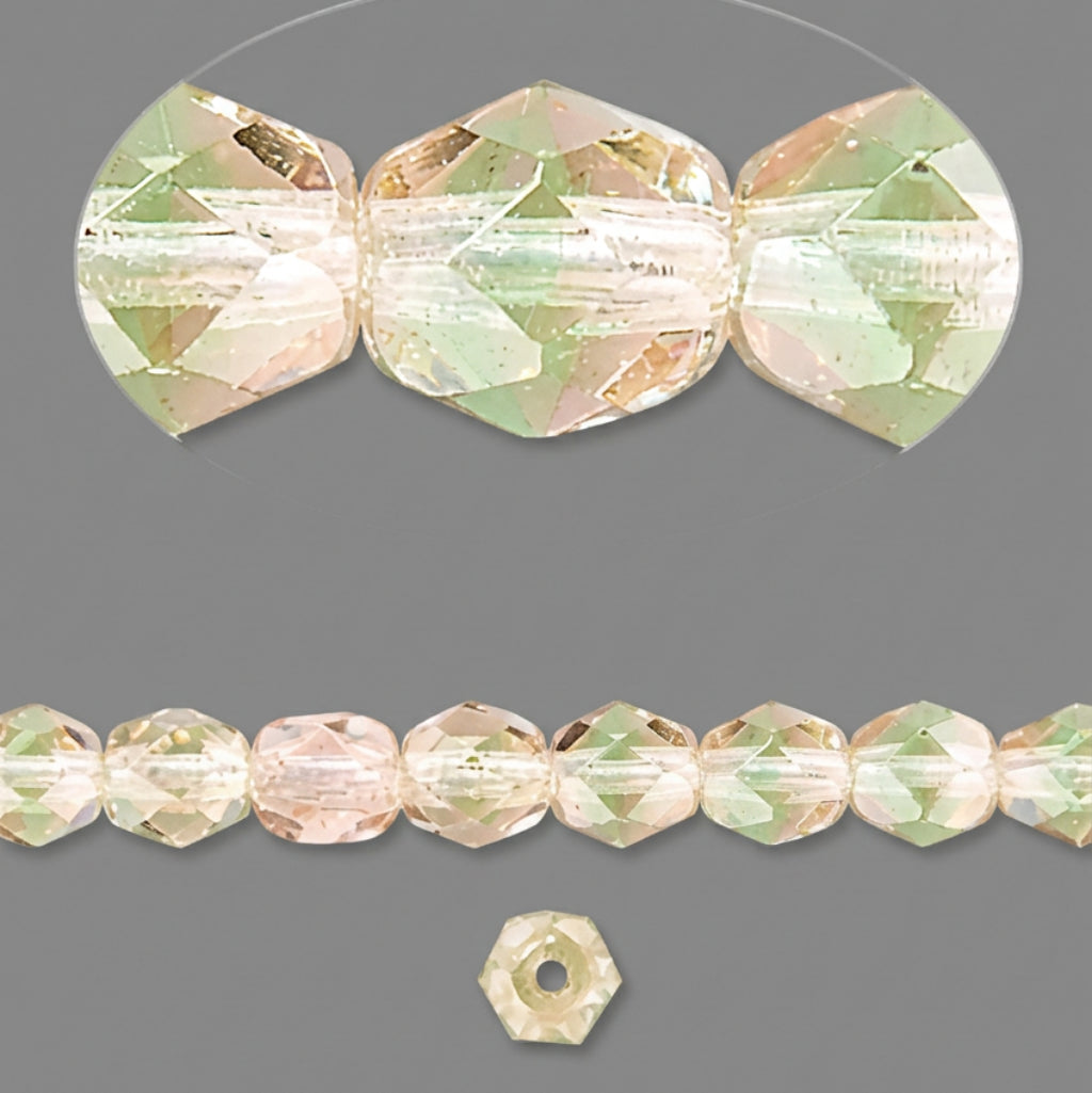 Faceted glass beads in a pale peach-pink and light green iridescent finish, shown as a group, as a strand, and as a single loose bead on a dark gray background.