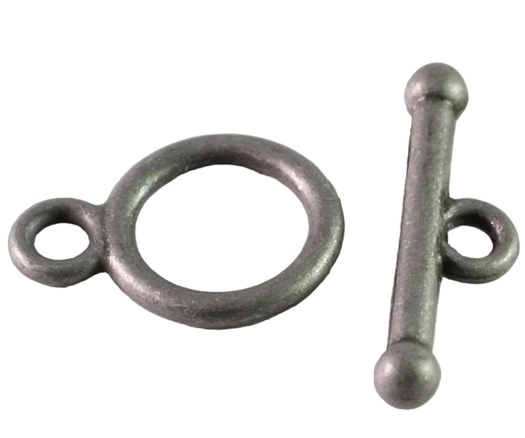 A silver-toned metal toggle clasp with a large circular ring and a straight bar with a small loop, shown on a plain light background.