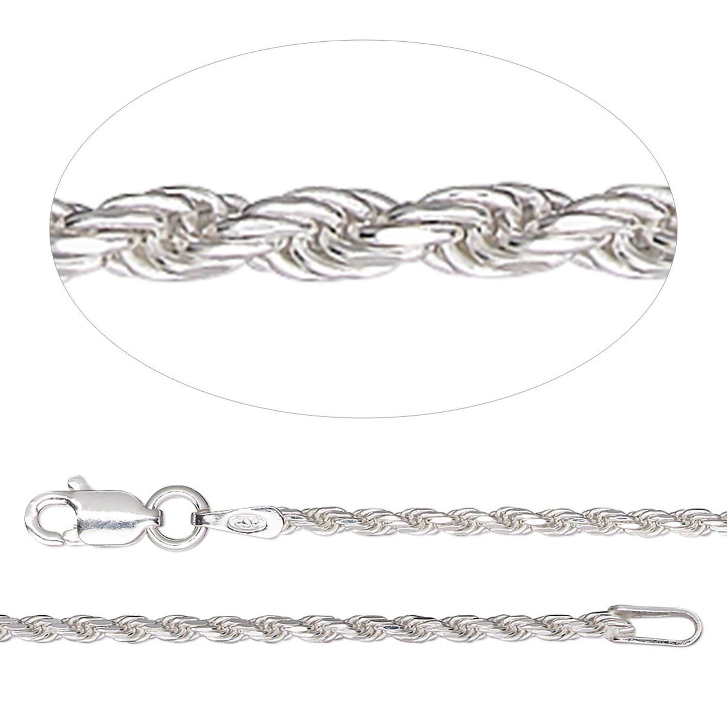 Sterling Silver Diamond-Cut French Rope Chain Necklace, 1.8mm, 18 Inch, Lobster Clasp