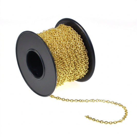Spool of gold chain on a white background