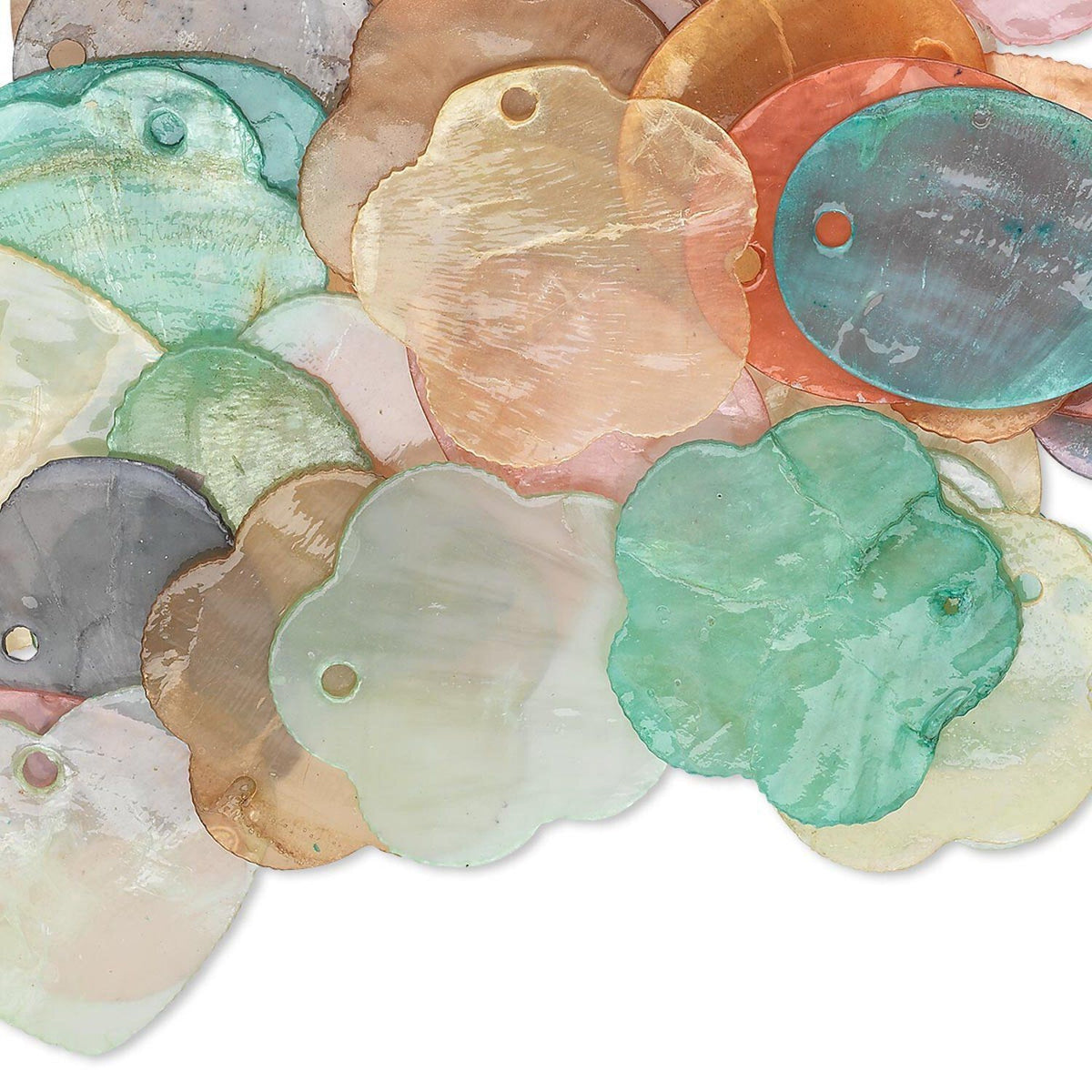 A pile of translucent, scalloped-edge craft embellishments or beads in various pastel and earthy colors, including mint green, peach, orange, gray, and cream, arranged on a plain white background.