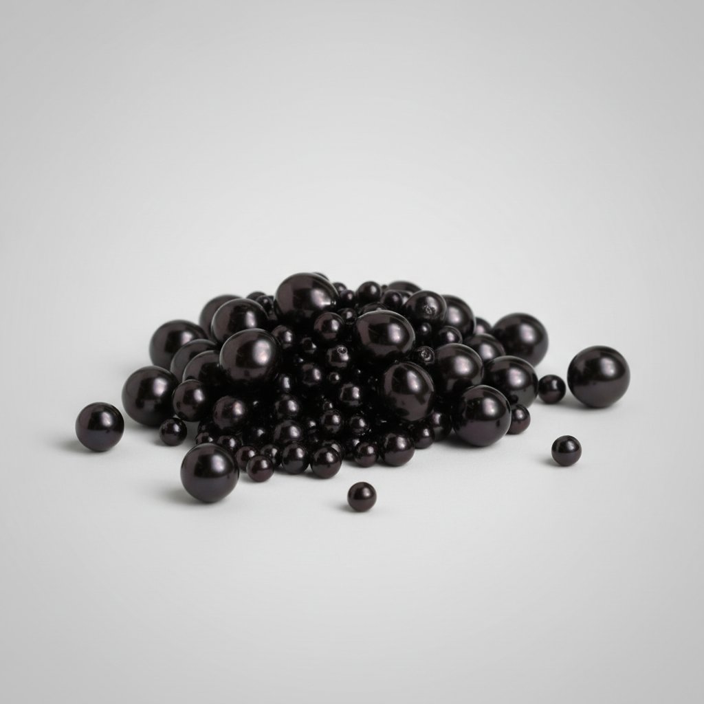 A pile of glossy black spherical beads in various sizes, arranged on a light gray gradient background.