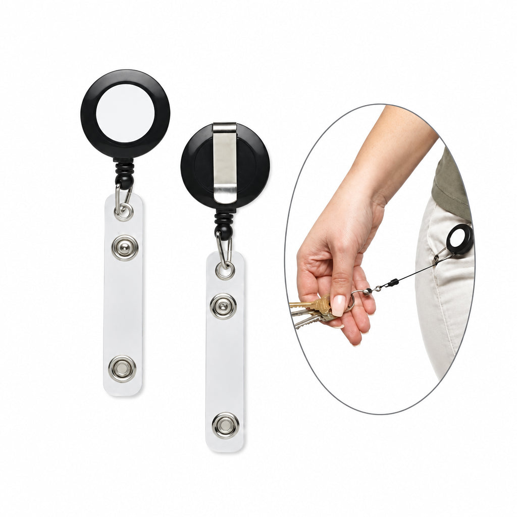Two retractable badge reel keychains with black round reels and silver metal bars are shown on a white background, alongside an oval inset demonstrating a hand attaching a key to one of the reels.